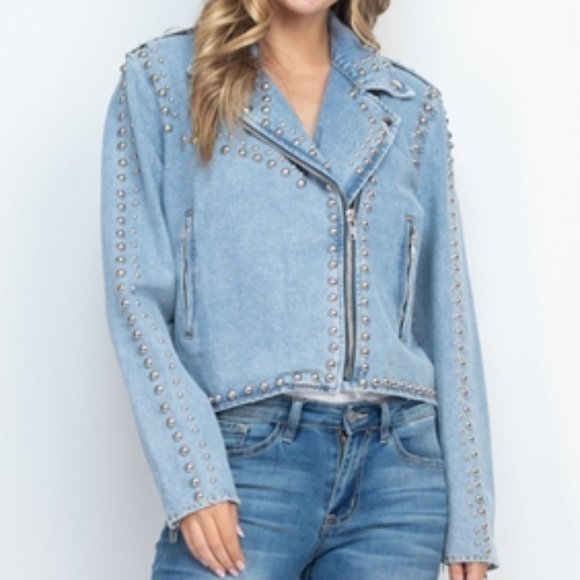 Light Blue Denim Studded Jacket - Picture 5 of 13